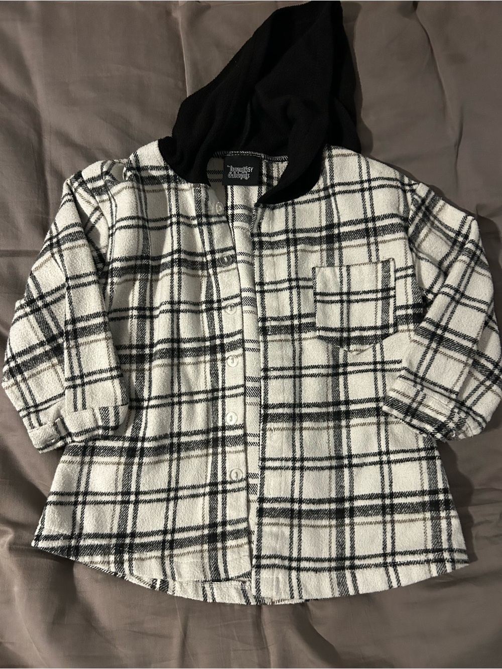 Plaid Hooded Button-Up Shirt Jacket in Black & White